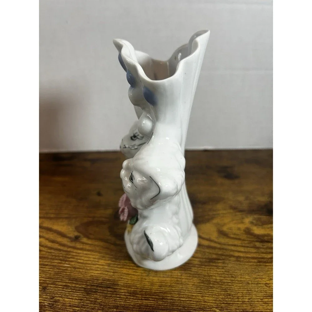 Vintage Sophia-Ann White Cat Vase Pink Roses Blue Accent Ceramic Figurine 7”